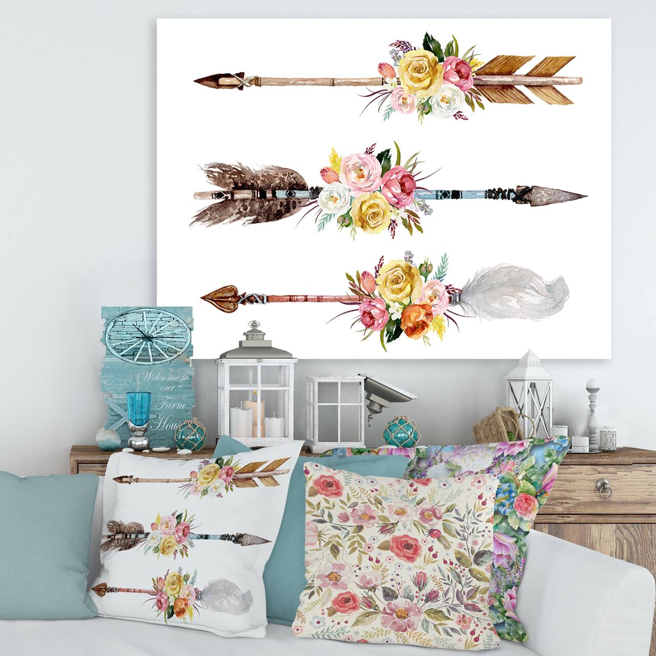 Designart - Ethnic Feathers and Flowers On Native Arrows II - Bohemian & Eclectic Canvas Wall Art Print